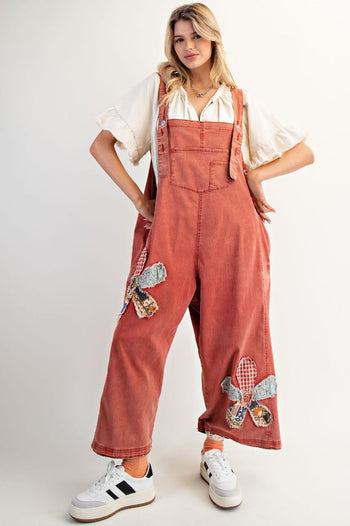 Easel OVERSIZED Flower Patched Overalls in Boho Red