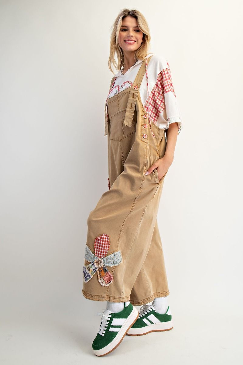 Easel OVERSIZED Flower Patched Overalls in Camel – June Adel