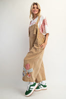 Easel OVERSIZED Flower Patched Overalls in Camel