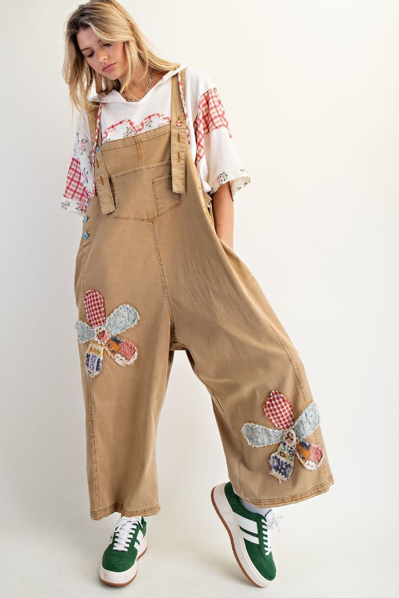 Easel OVERSIZED Flower Patched Overalls in Camel – June Adel
