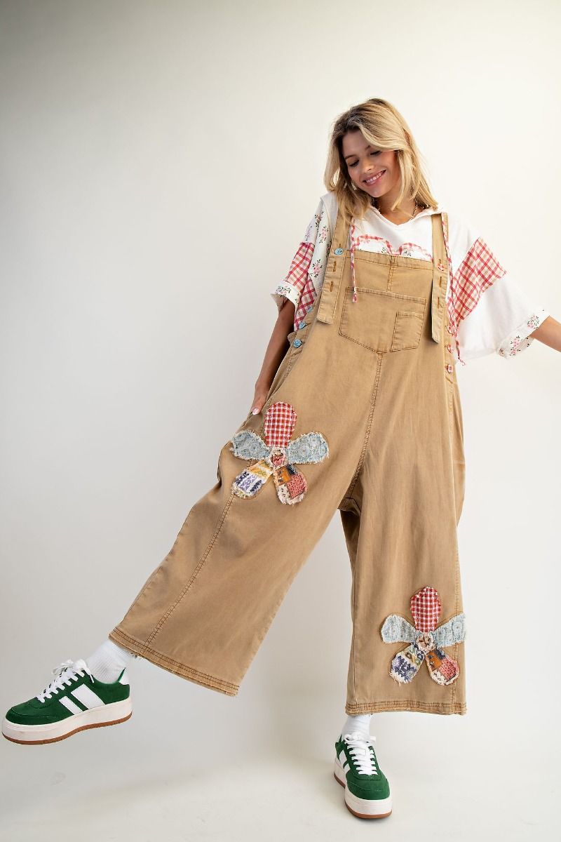 Easel OVERSIZED Flower Patched Overalls in Camel – June Adel