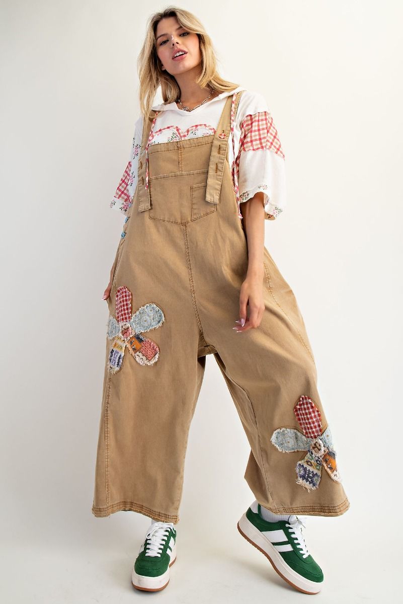 Easel OVERSIZED Flower Patched Overalls in Camel – June Adel