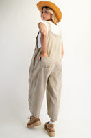 Easel OVERSIZED Flower Patched Overalls in Khaki