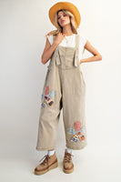 Easel OVERSIZED Flower Patched Overalls in Khaki