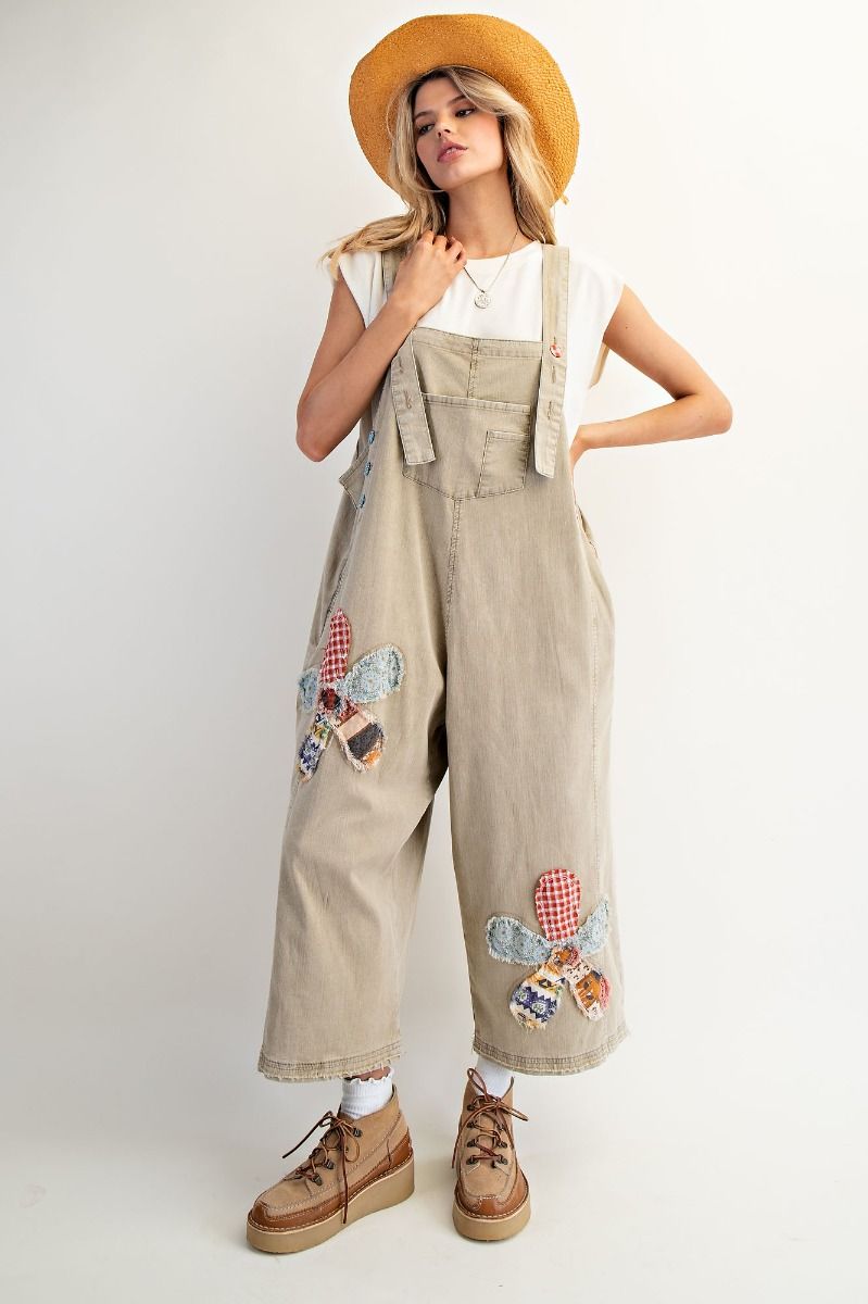 Easel OVERSIZED Flower Patched Overalls in Khaki