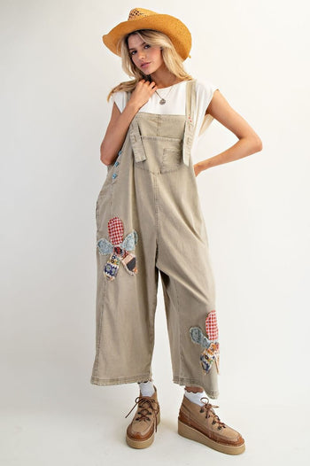 Easel OVERSIZED Flower Patched Overalls in Khaki