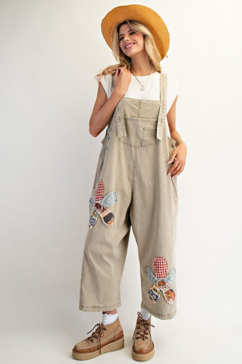 Easel OVERSIZED Flower Patched Overalls in Khaki
