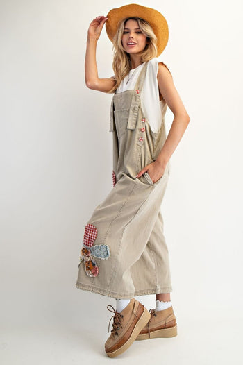 Easel OVERSIZED Flower Patched Overalls in Khaki