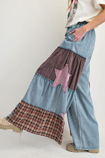 Easel Chambray Pants with Mix N Match Patches in Vintage Denim
