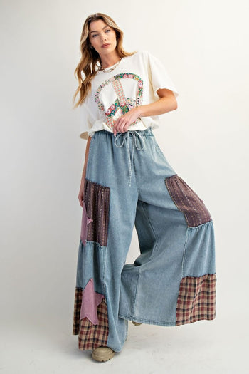 Easel Chambray Pants with Mix N Match Patches in Vintage Denim
