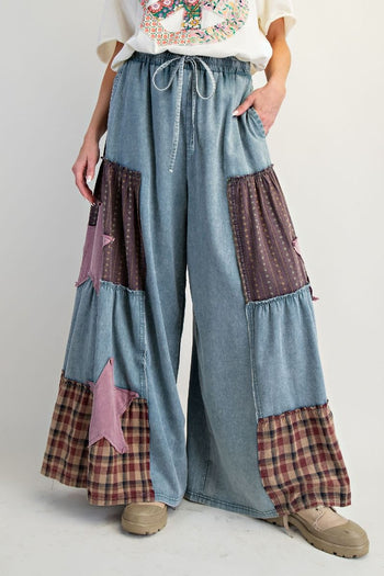 Easel Chambray Pants with Mix N Match Patches in Vintage Denim