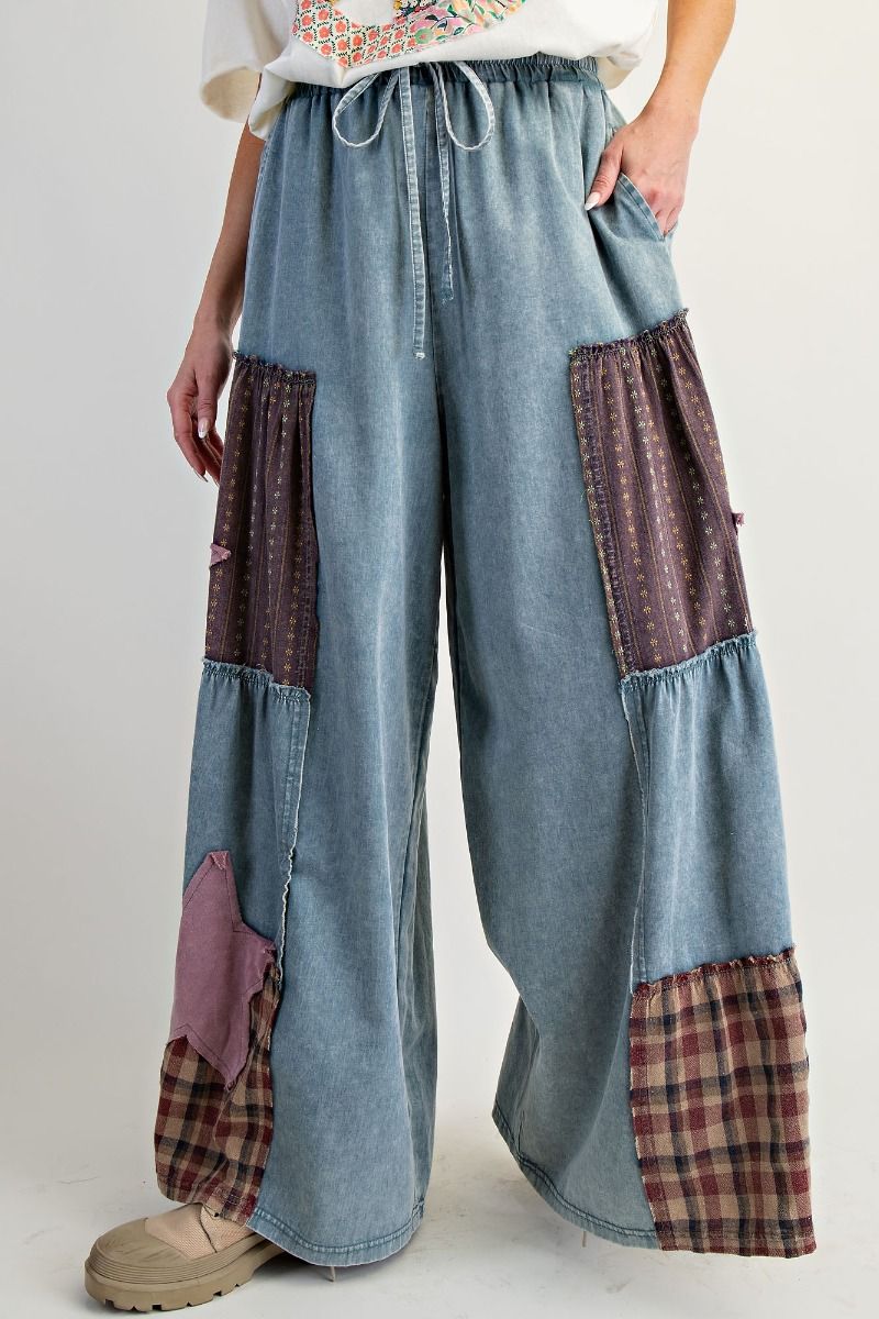 Easel Chambray Pants with Mix N Match Patches in Vintage Denim