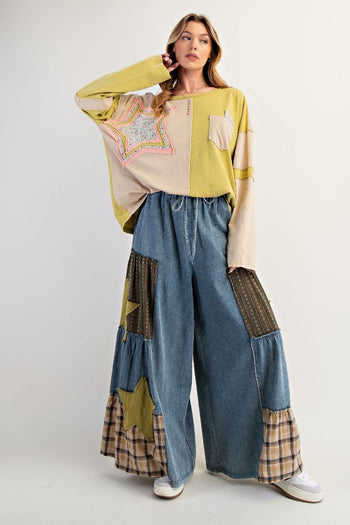 Easel Chambray Pants with Mix N Match Patches in Washed Denim