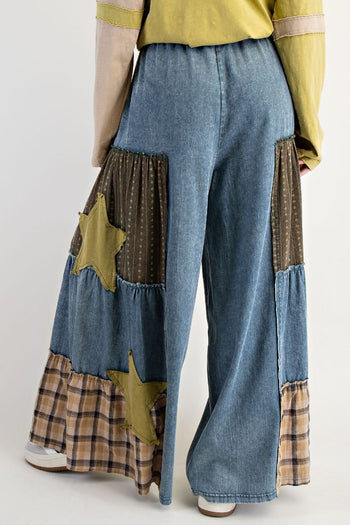 Easel Chambray Pants with Mix N Match Patches in Washed Denim