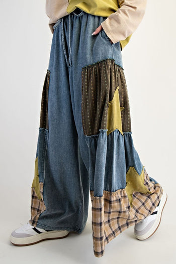 Easel Chambray Pants with Mix N Match Patches in Washed Denim