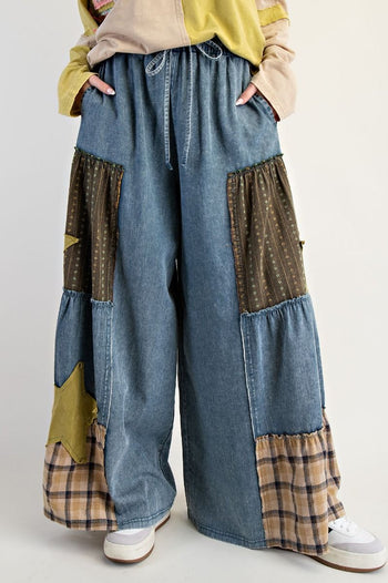 Easel Chambray Pants with Mix N Match Patches in Washed Denim