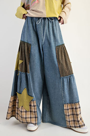 Easel Chambray Pants with Mix N Match Patches in Washed Denim