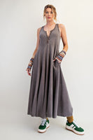 Easel Mineral Washed Solid Color Jumpsuit in Coffee