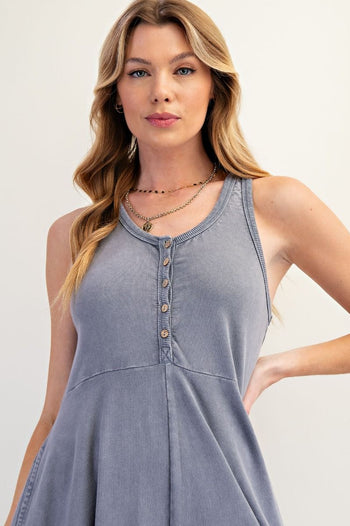Easel Mineral Washed Solid Color Jumpsuit in Faded Denim