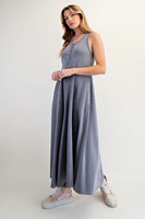 Easel Mineral Washed Solid Color Jumpsuit in Faded Denim