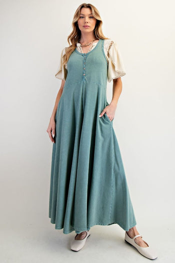 Easel Mineral Washed Solid Color Jumpsuit in Faded Teal