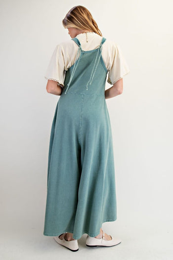 Easel Mineral Washed Solid Color Jumpsuit in Faded Teal
