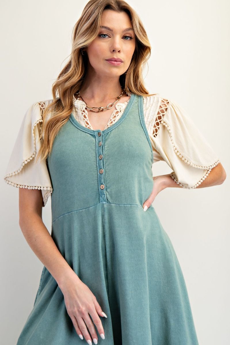 Easel Mineral Washed Solid Color Jumpsuit in Faded Teal – June Adel