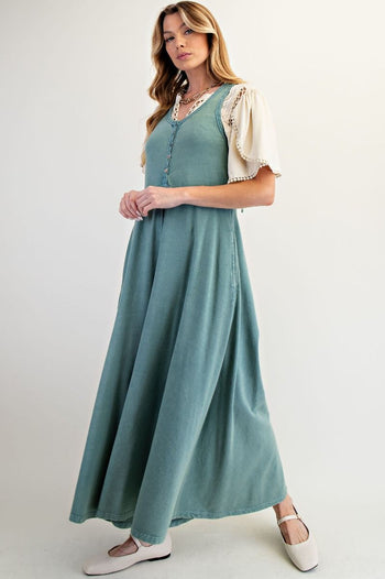 Easel Mineral Washed Solid Color Jumpsuit in Faded Teal