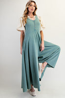 Easel Mineral Washed Solid Color Jumpsuit in Faded Teal