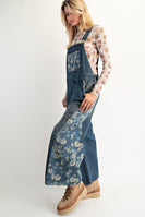 Easel Washed Denim and Flower Print Overalls in Flower Denim