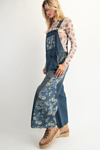 Easel Washed Denim and Flower Print Overalls in Flower Denim