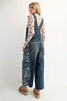 Easel Washed Denim and Flower Print Overalls in Flower Denim