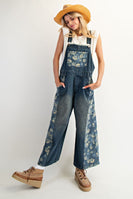Easel Washed Denim and Flower Print Overalls in Flower Denim