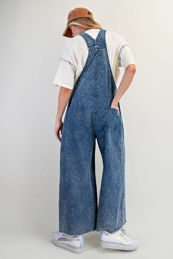 Easel Mineral Washed Twill Overalls with Flower Stitching in Washed Denim