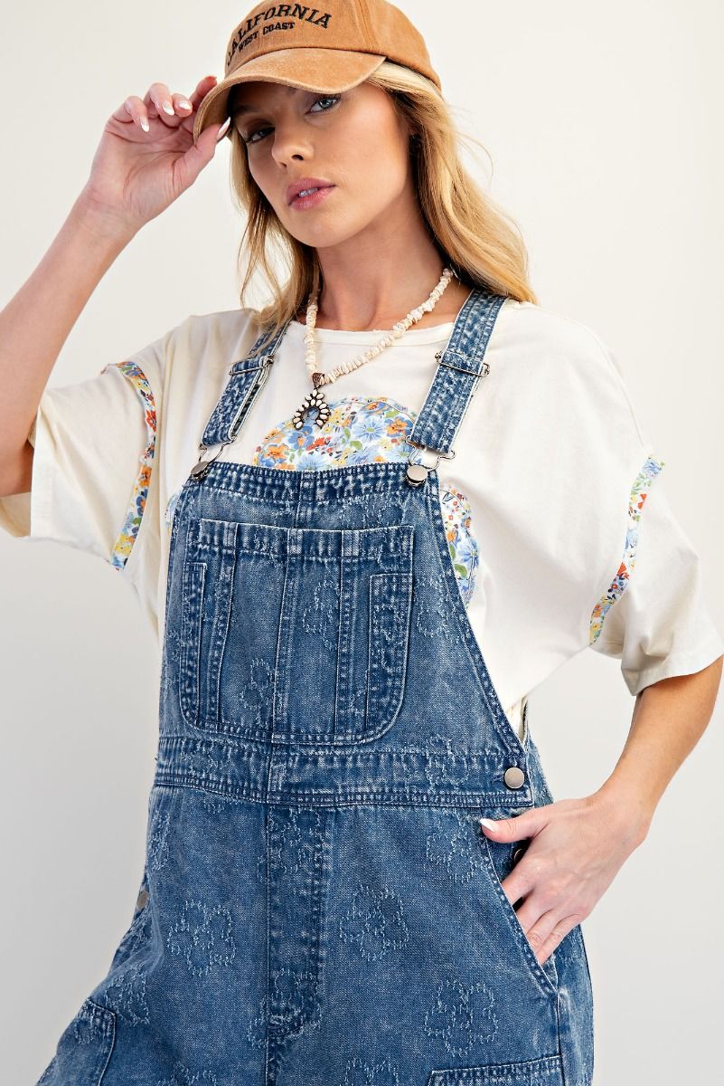 Easel Mineral Washed Twill Overalls with Flower Stitching in