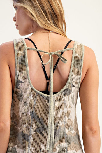 Easel Camouflage Print Thermal Knit Jumpsuit in Khaki Brown