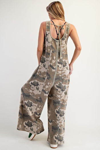 Easel Camouflage Print Thermal Knit Jumpsuit in Khaki Brown