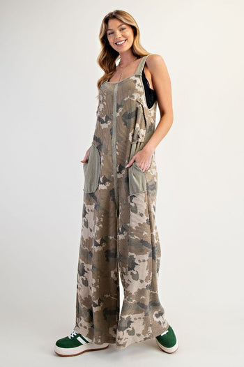 Easel Camouflage Print Thermal Knit Jumpsuit in Khaki Brown