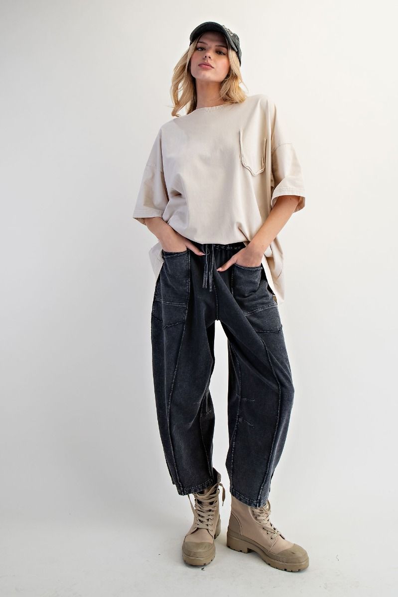 Easel Mineral Washed Terry Knit Barrel Pants in Black ON ORDER
