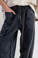 Easel Mineral Washed Terry Knit Barrel Pants in Black