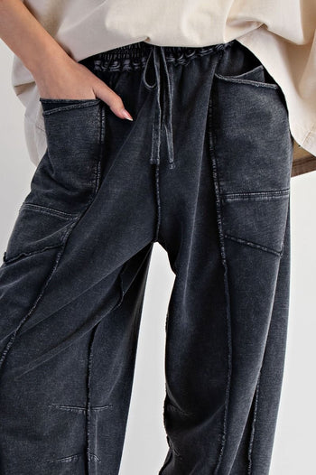 Easel Mineral Washed Terry Knit Barrel Pants in Black