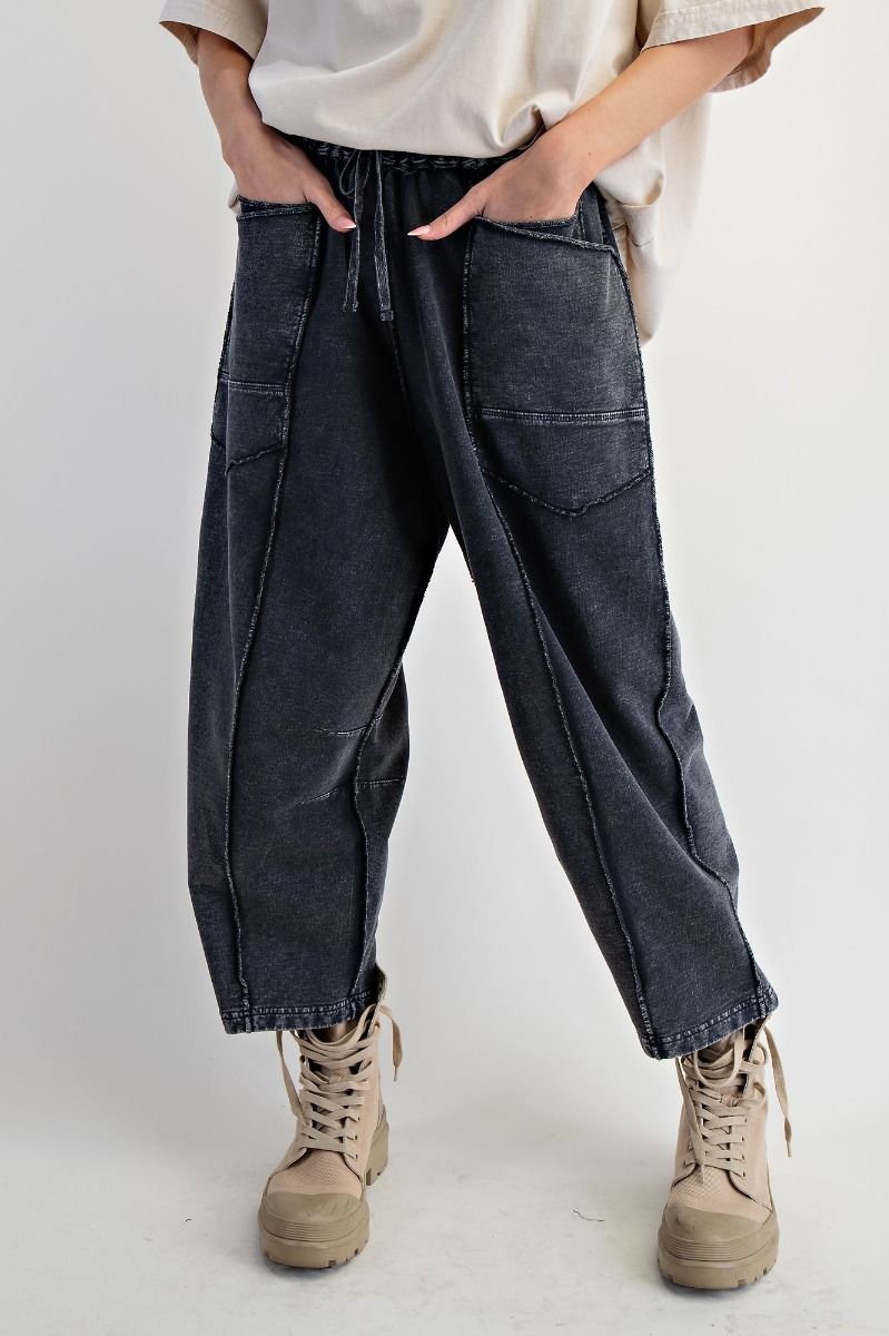 Easel Mineral Washed Terry Knit Barrel Pants in Black ON ORDER