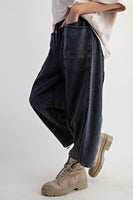 Easel Mineral Washed Terry Knit Barrel Pants in Black