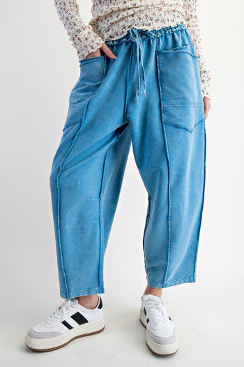 Easel Mineral Washed Terry Knit Barrel Pants in Day Blue