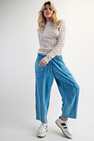Easel Mineral Washed Terry Knit Barrel Pants in Day Blue