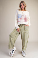 Easel Mineral Washed Terry Knit Barrel Pants in Martini Olive
