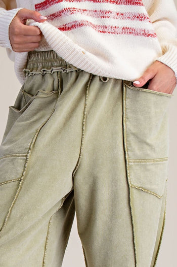 Easel Mineral Washed Terry Knit Barrel Pants in Martini Olive
