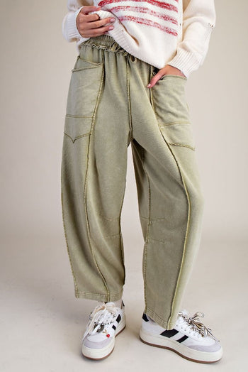 Easel Mineral Washed Terry Knit Barrel Pants in Martini Olive