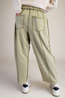 Easel Mineral Washed Terry Knit Barrel Pants in Martini Olive