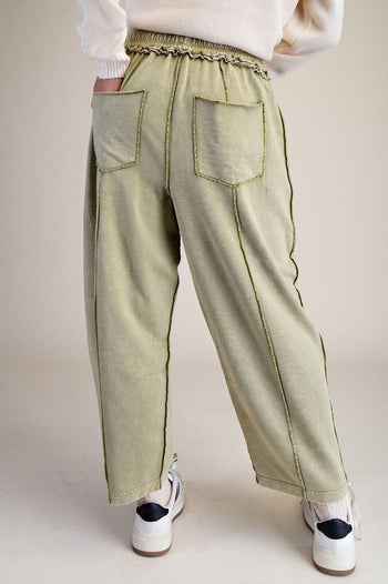 Easel Mineral Washed Terry Knit Barrel Pants in Martini Olive